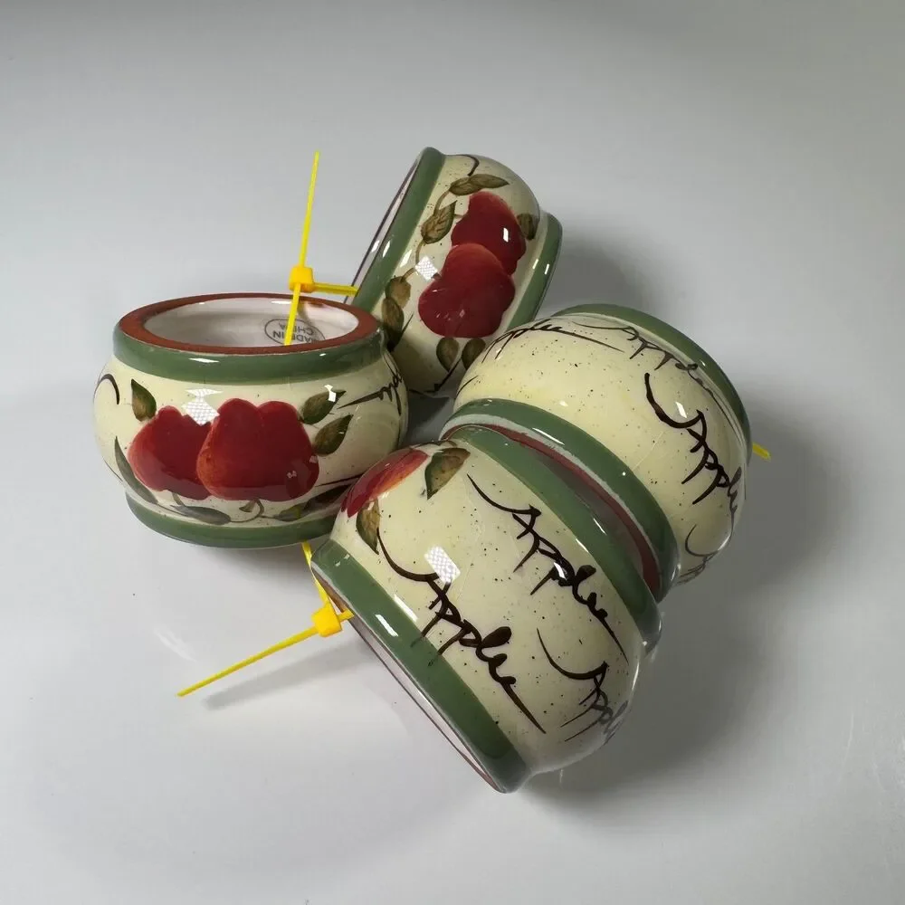 Vintage Ceramic Apple Napkin Rings Set of 4 Red Cream Green Fruit Table Decor